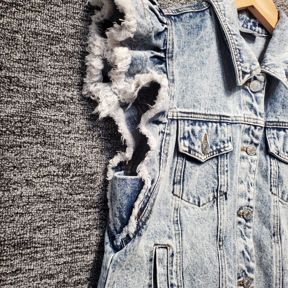 Blue B Denim Vest Women Small Light Wash Ruffle Frayed Acid Wash Jean Sleeveless - Picture 7 of 12